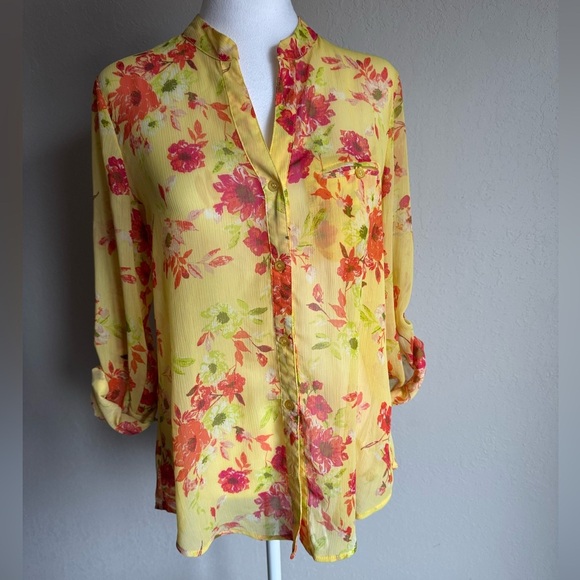 Kut from the Kloth Yellow Red Floral Sheer Button Down Blouse Women’s S Boho - Picture 1 of 6